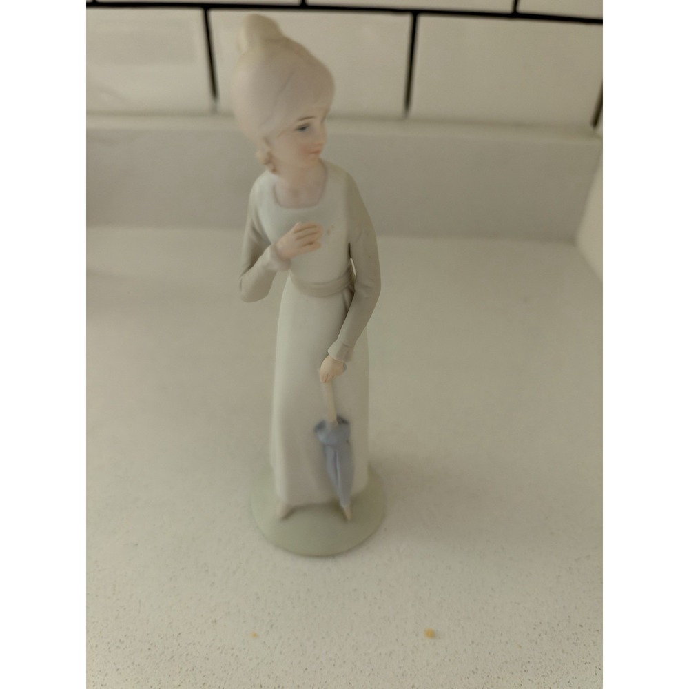Vintage Bisque Porcelain Figurine by Bristol - Lady With Umbrella - Hand Painted